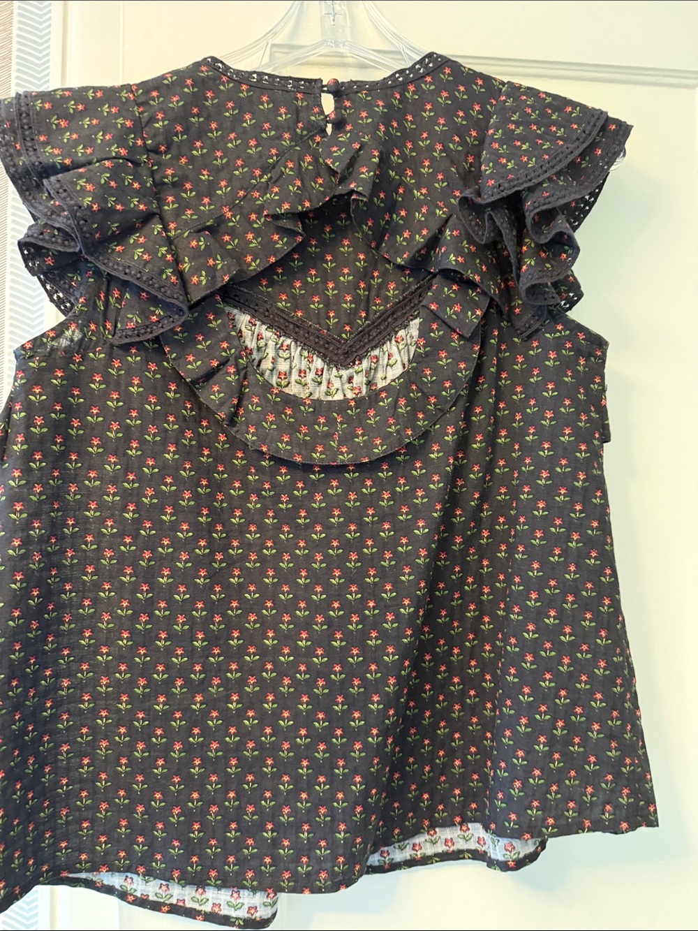 Sézane Floral Ruffle Sleeveless Top — Black with Pink & Green Micro-Print - Picture 4 of 6